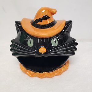 Potter's Studio Halloween Retro Black Cat Witch Hat Ceramic Candy Treat Jar New
